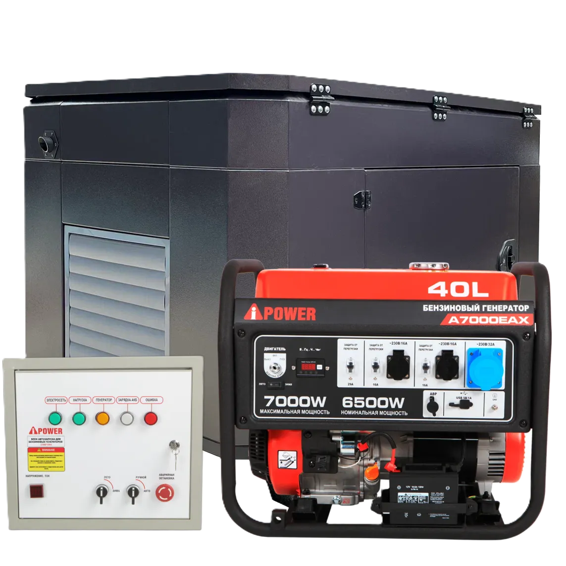 Бензиновый генератор A-iPower A7000EAX в тихом зимнем кожухе с блоком автозапуска A-iPower 230В, 100А