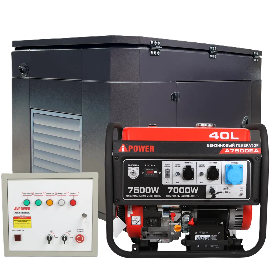 Бензиновый генератор A-iPower A7500EA в тихом зимнем кожухе с блоком автозапуска A-iPower 230В, 100А