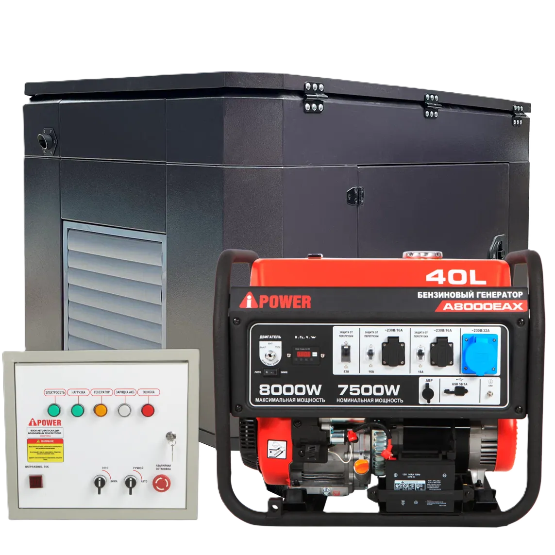 Бензиновый генератор A-iPower A8000EAX в тихом зимнем кожухе с блоком автозапуска A-iPower 230В, 100А