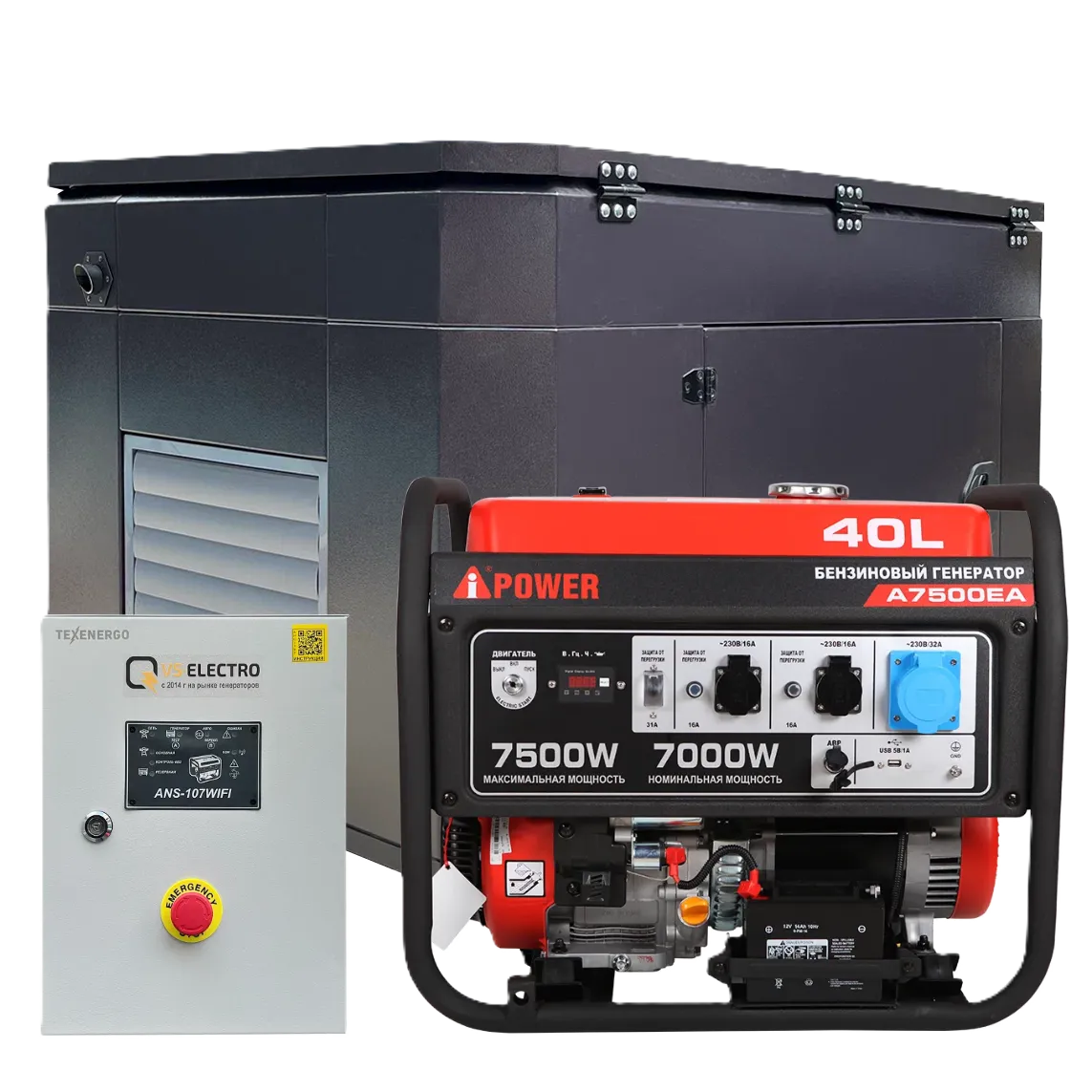 Бензиновый генератор A-iPower A7500EA в тихом зимнем кожухе с блоком автозапуска 230/400В, 63А