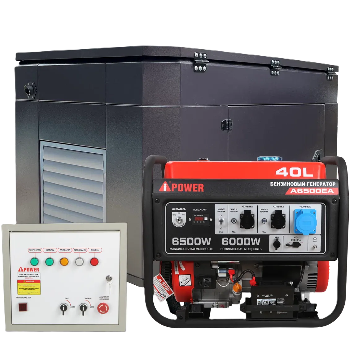 Бензиновый генератор A-iPower A6500EA в тихом зимнем кожухе с блоком автозапуска A-iPower 230В, 100А